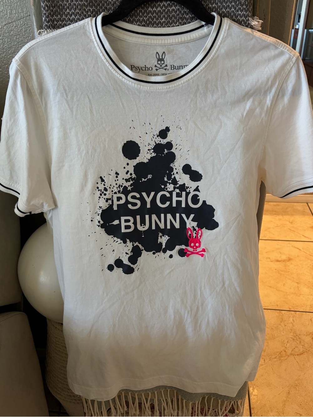 Psycho Bunny White Tee with Black Ink Splash and Pink Bunny Logo